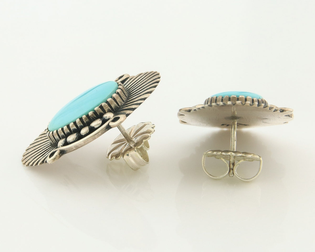 Navajo Earrings Sterling Silver Natural Turquoise Vintage Signed AM