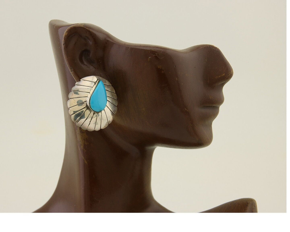 Navajo Earrings 925 Silver Natural Blue Turquoise Native American Artist C.80's