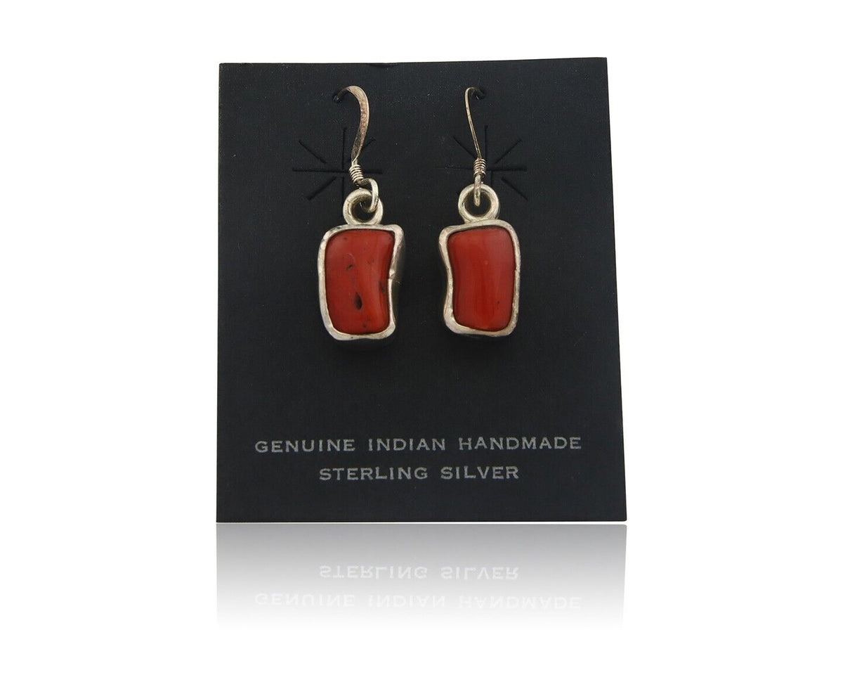 Navajo Earrings 925 Silver Natural Coral Native American Artist C.80's