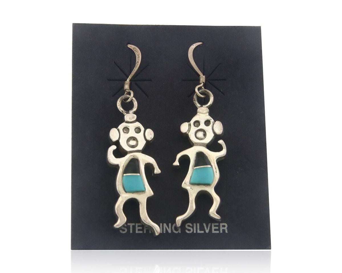 Navajo Earrings 925 Silver Natural Turquoise & Onyx Native American Artist C.80s
