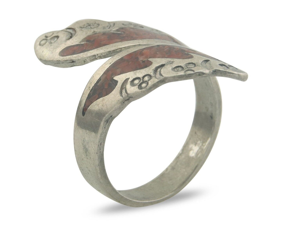 Navajo Ring 925 Silver Inlaid Natural Coral Native Artist C.80's Size 8.0