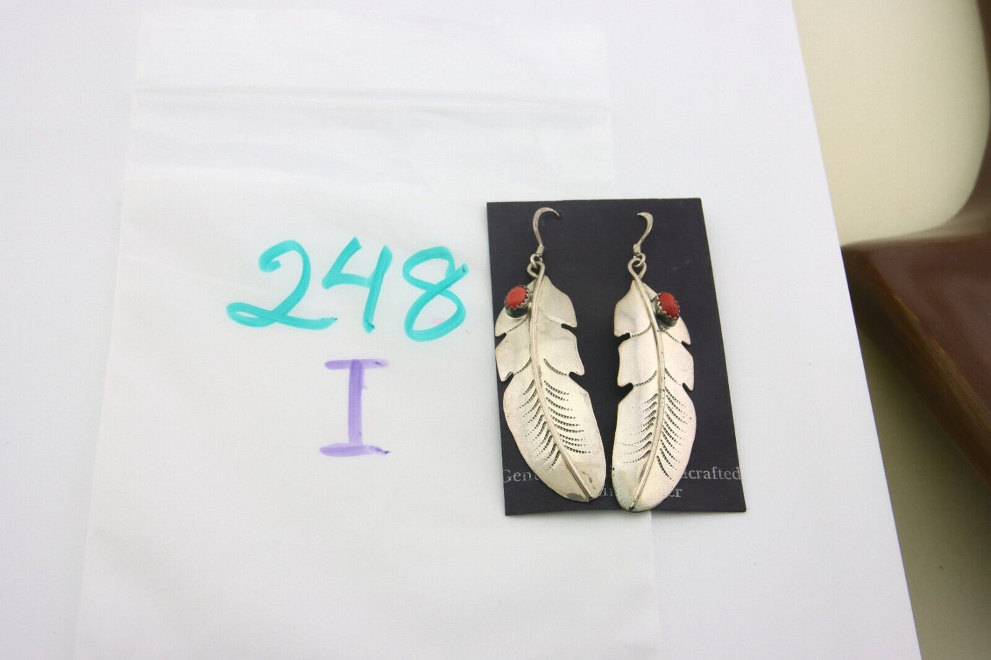 Navajo Earrings 925 Silver Natural Coral Native American C.80's Eagle Feather