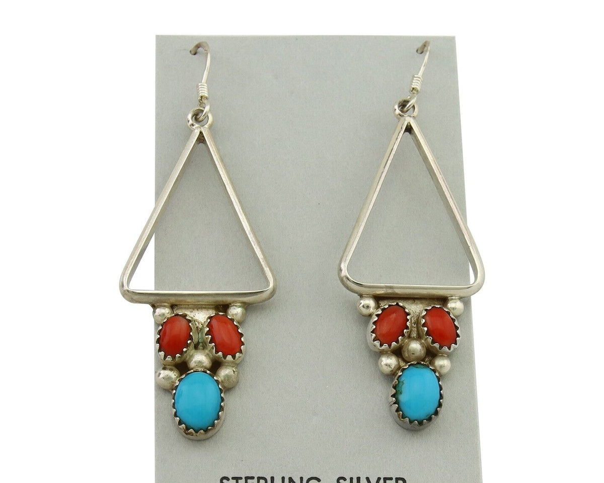 Navajo Earrings 925 Silver Turquoise & Coral Native American Artist C.80's