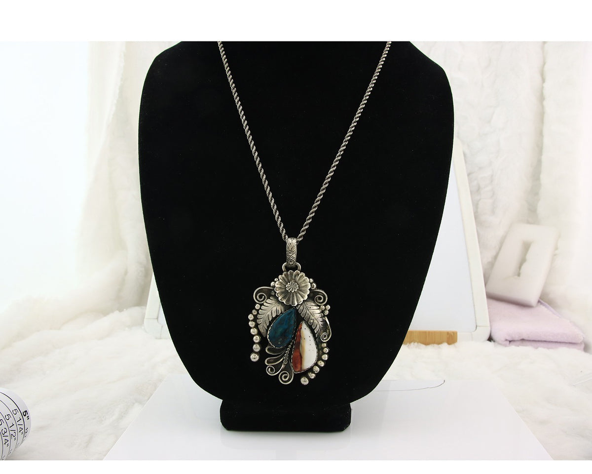 Navajo Necklace Sterling Silver Turquosie & Oyster Authentic Signed Gomez