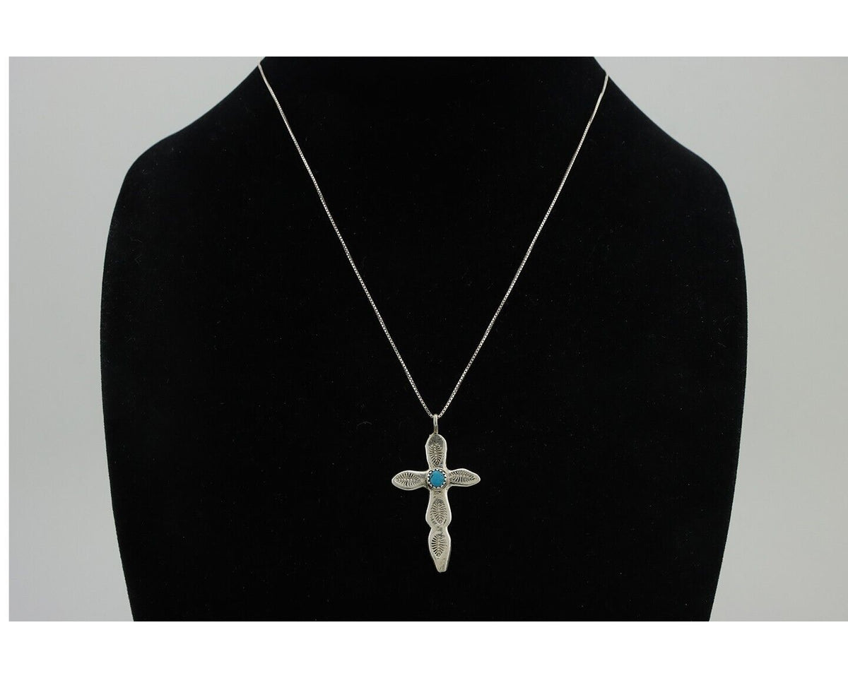 Navajo Cross Necklace 925 Silver Turquoise Hand Stamped Native American C.80's