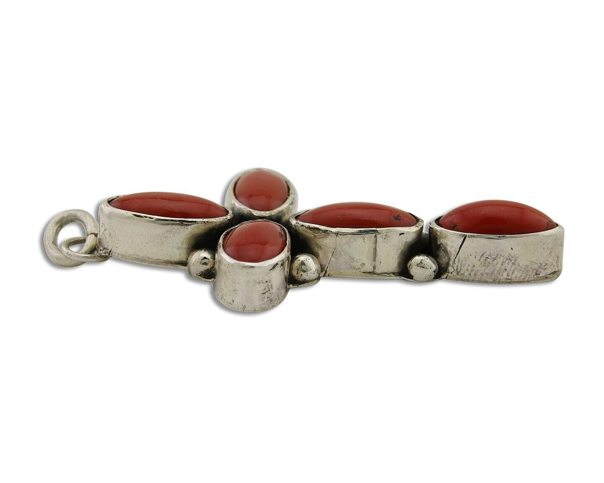 Navajo Cross Pendant 925 Silver Mediterranean Coral Signed J Tso C.80s