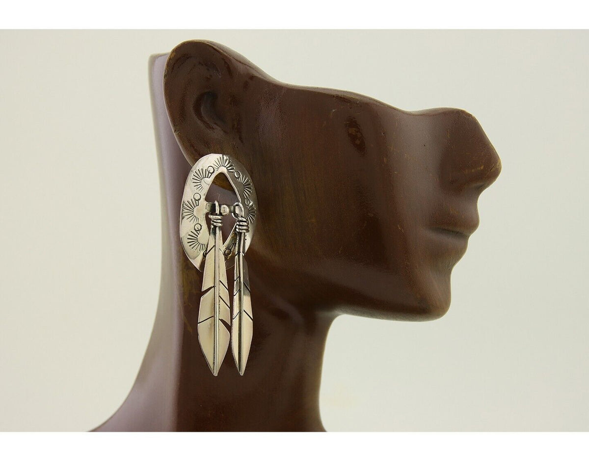 Navajo Feather Earrings 925 Silver Dangle Artist Signed DISHTA C.80's