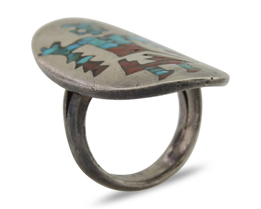 Vintage Navajo Ring 925 Silver Inlaid Coral & Turquoise Size 4.5
