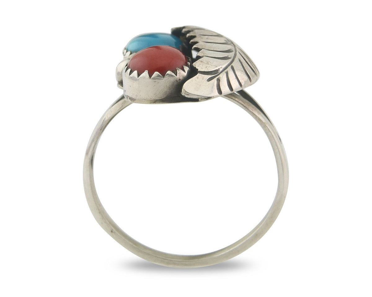 Navajo Ring 925 Sterling Natural Coral & Turquoise Signed BB C.80's Size 7.5