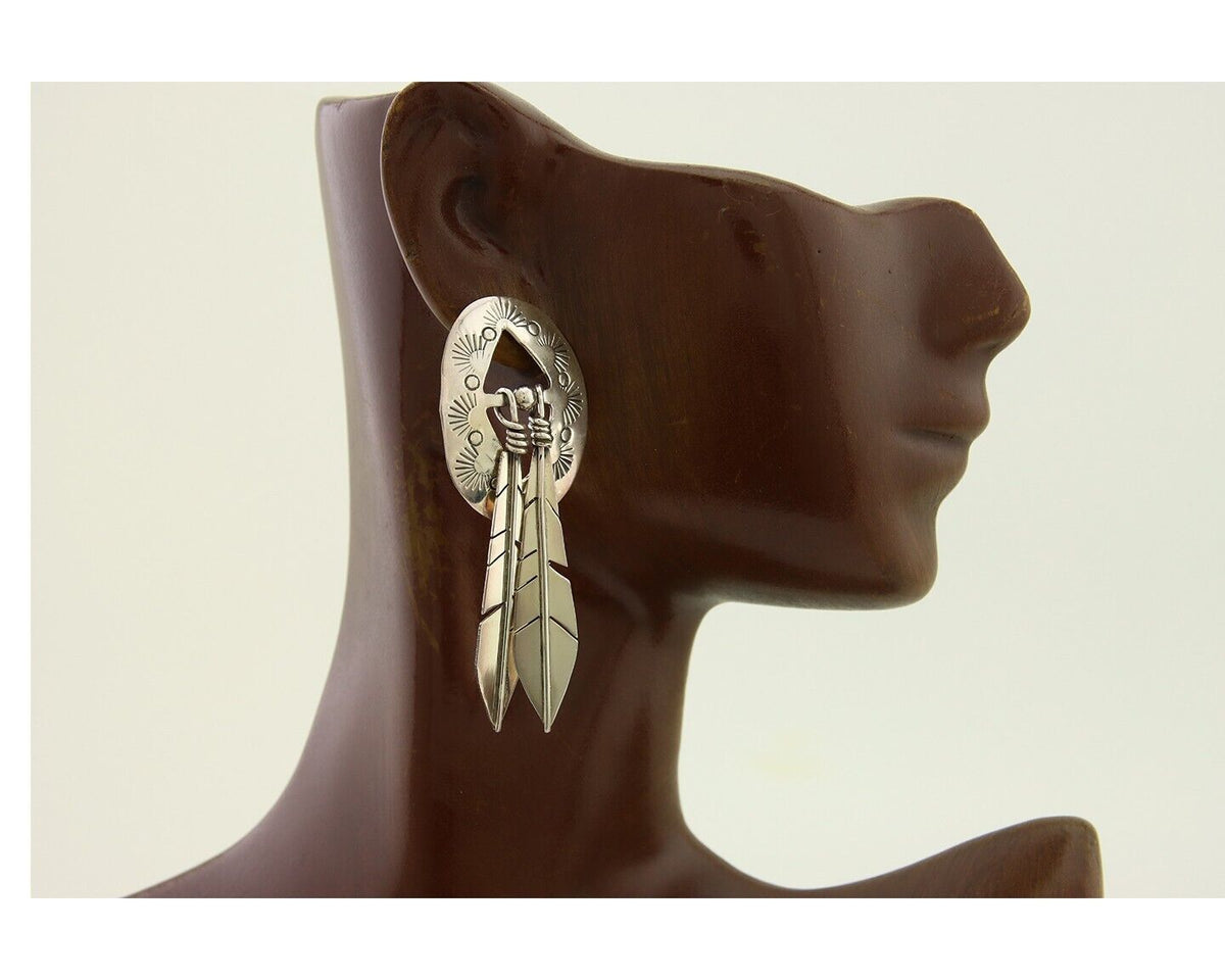 Navajo Feather Earrings 925 Silver Dangle Artist Signed DISHTA C.80's