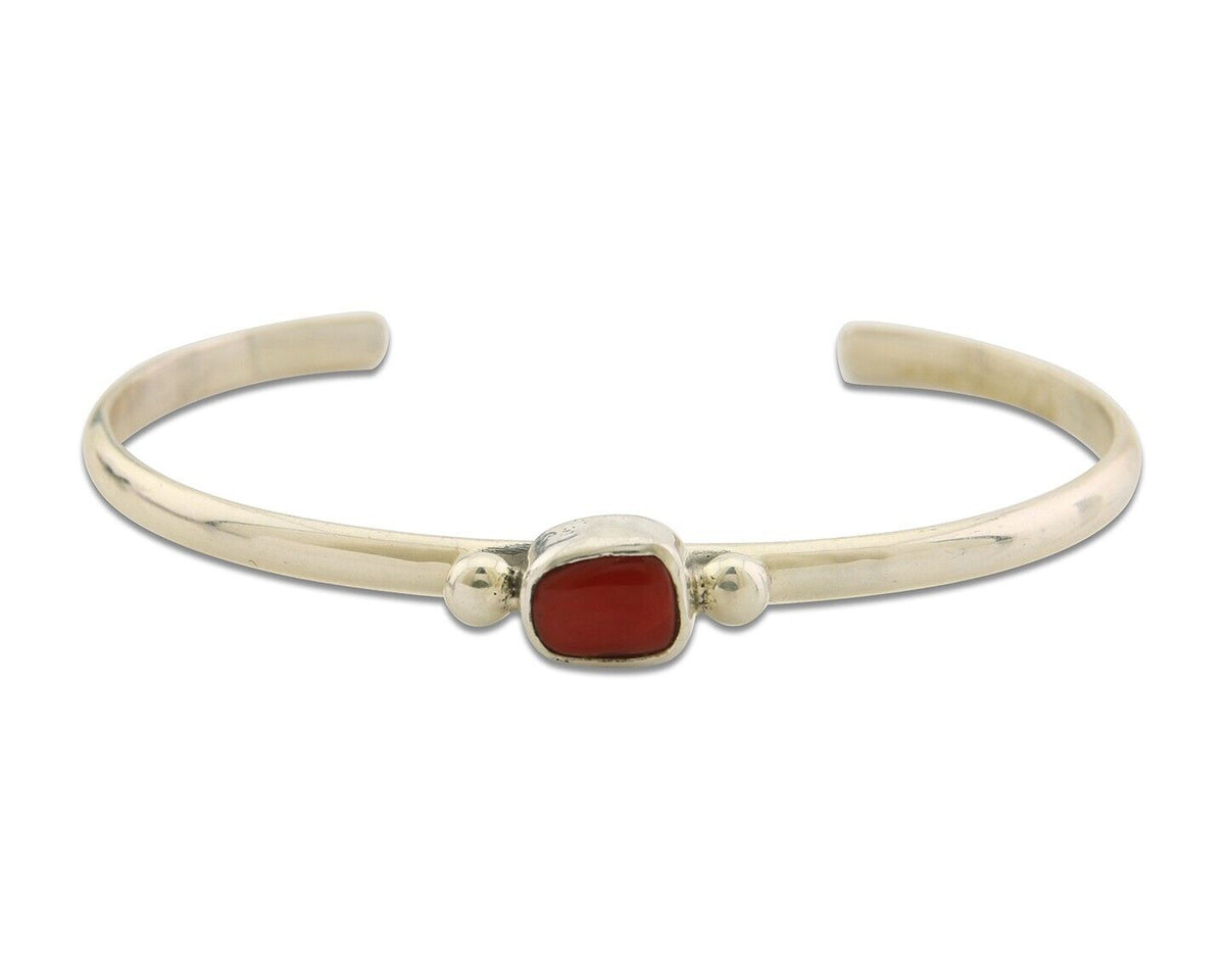 Navajo Bracelet .925 Silver Natural Red Coral Cuff Native American Artist C.80's