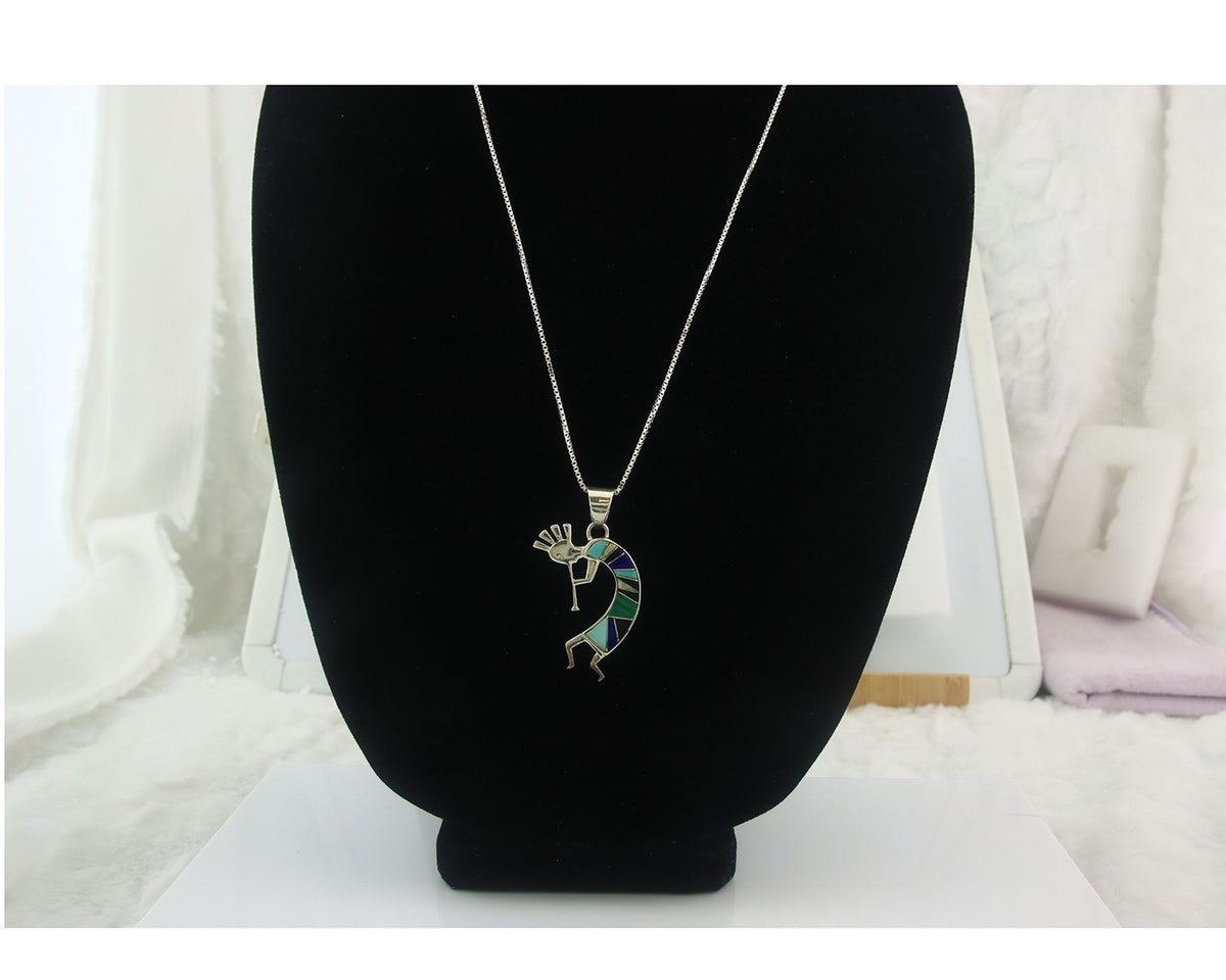 Navajo Kokopelli Necklace Sterling Silver Natural Gemstone Vintage Signed