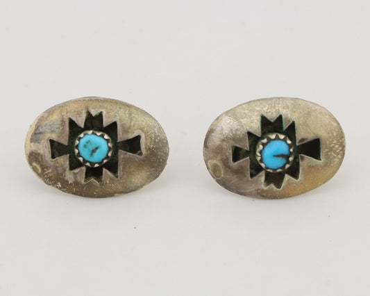 Navajo Hand Cut Earrings 925 Silver Blue Natural Turquoise Native Artist C.80's