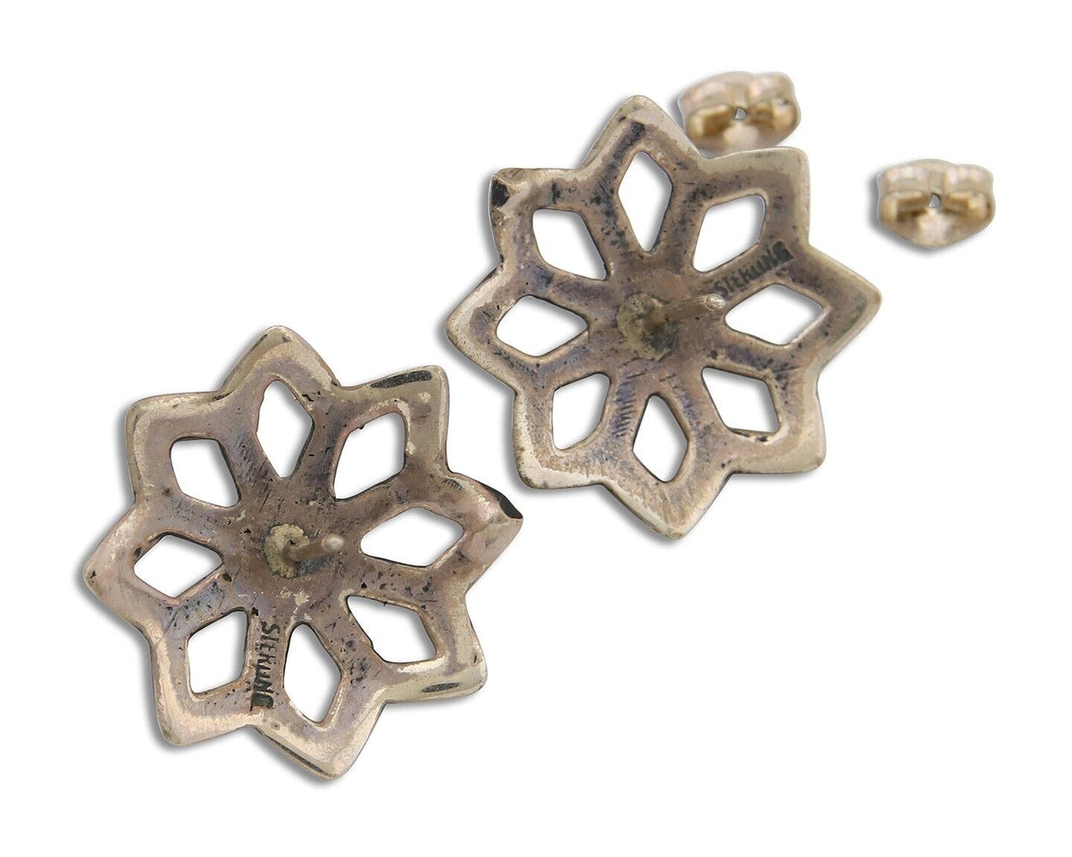 Navajo Flower Earrings 925 Silver Natural Turquoise Native Artist C.80's