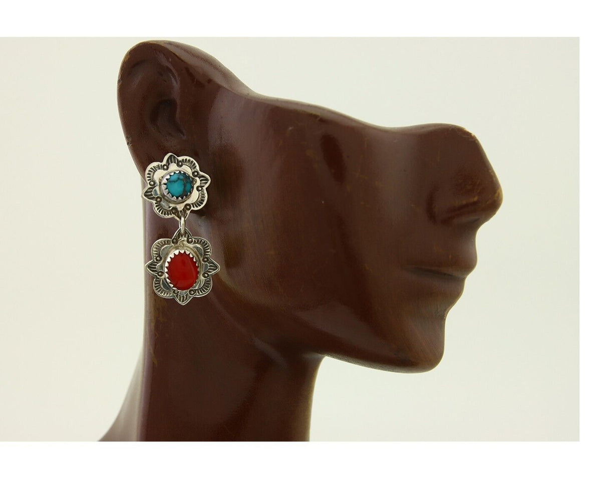 Navajo Earrings 925 Silver Turquoise & Coral Artist Signed Mary Ellen C.80's