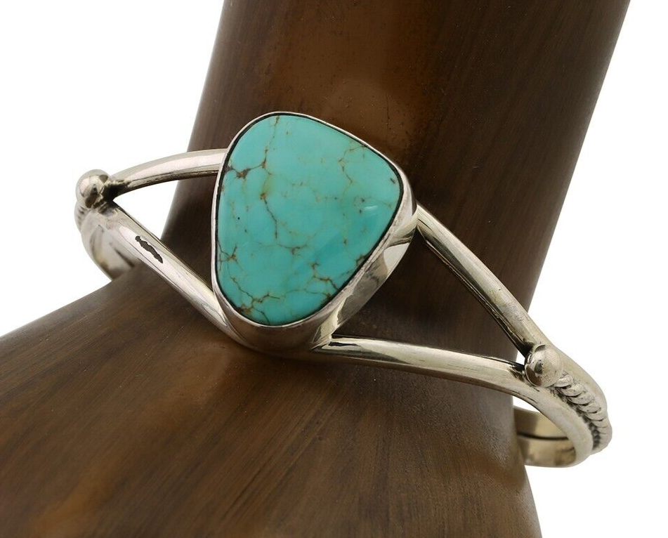 Navajo Cuff Bracelet 925 Silver Natural Blue Turquoise Artist Signed Gecko C.80s