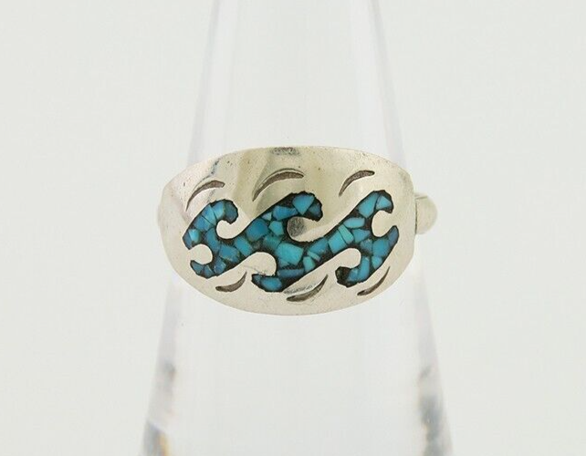 Navajo Wave Ring 925 Silver Turquoise Native Artist C.80's