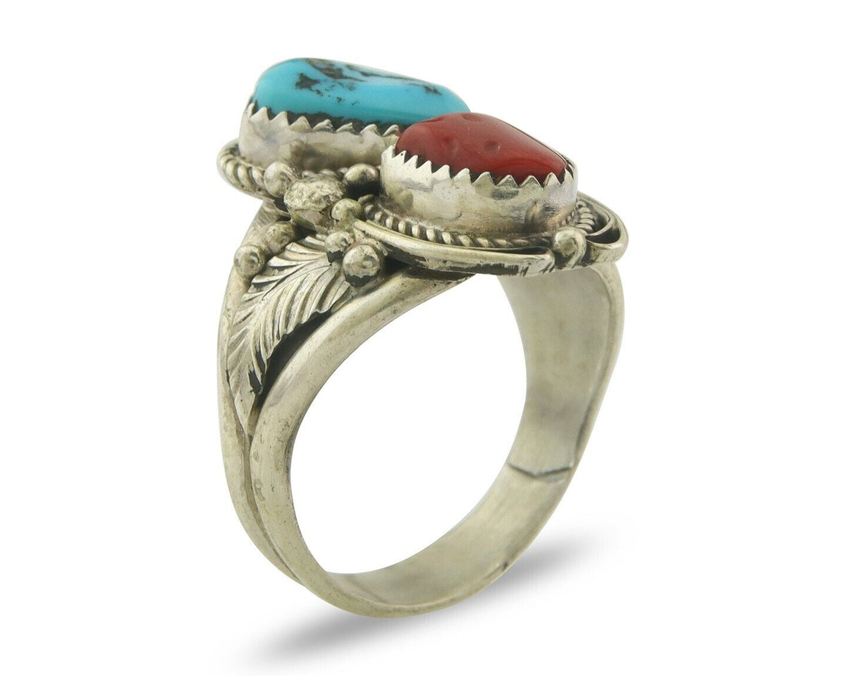 Men Navajo Ring 925 Sterling Natural Coral & Turquoise Signed JM C.80's Sz 11.75