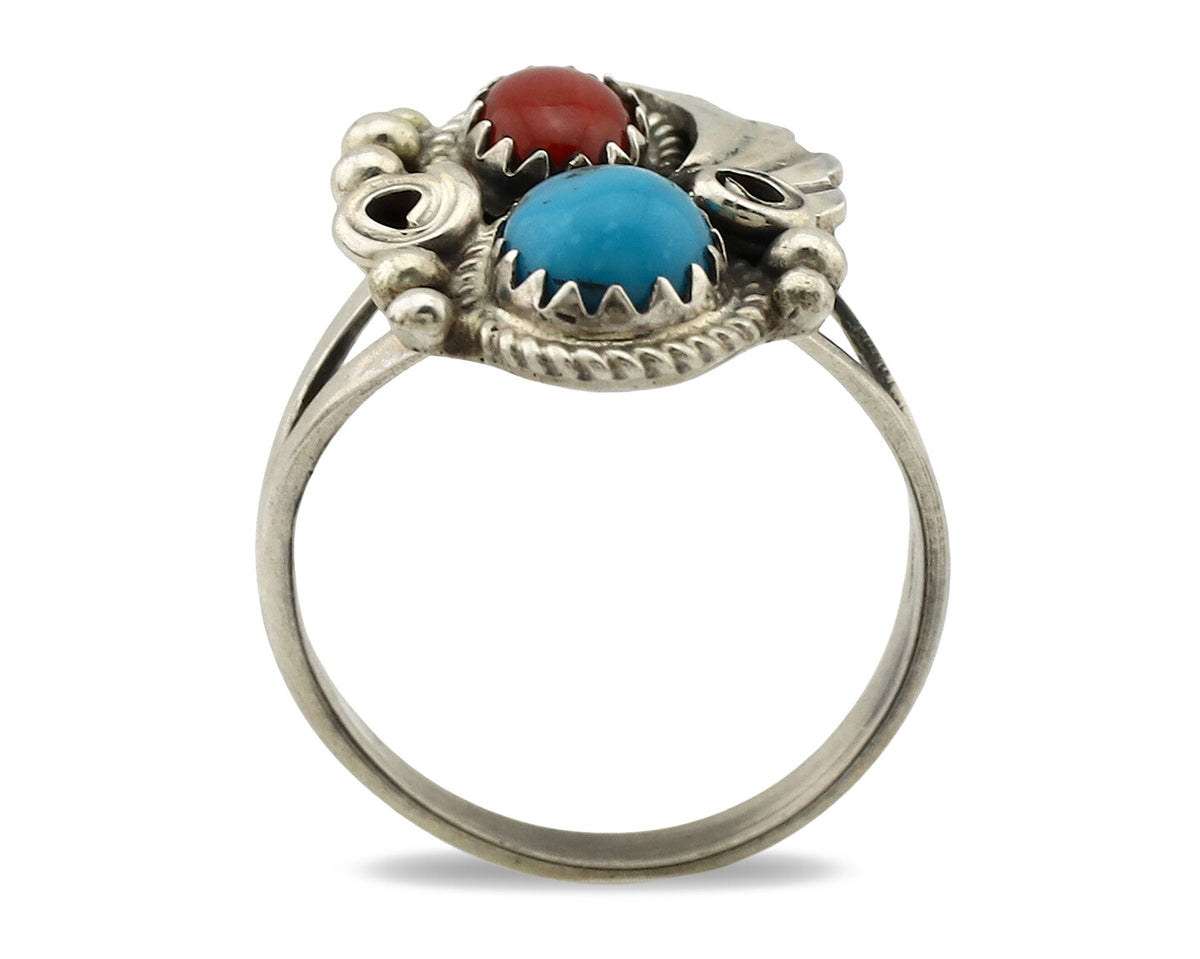 Navajo Ring .925 Silver Morenci Turquoise & Coral Native Artist Signed JM C.80's