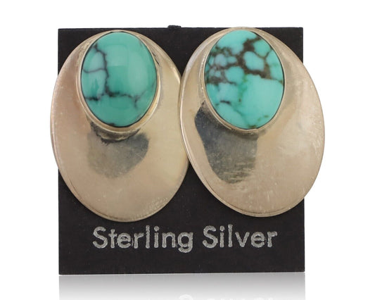 Navajo Shield Earrings 925 Silver Natural Malachite Signed Ella Peters C.80's