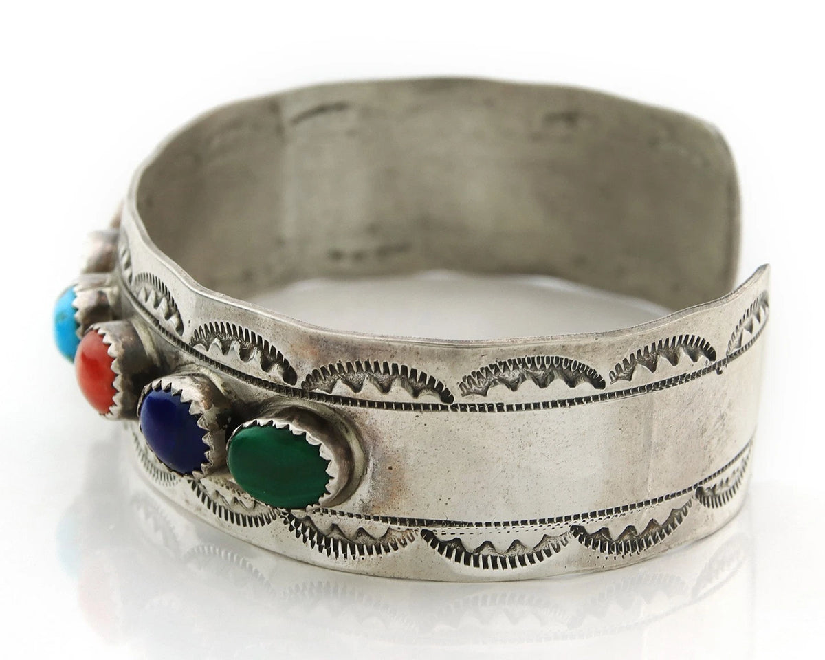 Navajo Cuff Bracelet Sterling Silver Natural Gemstone Vintage Signed LB