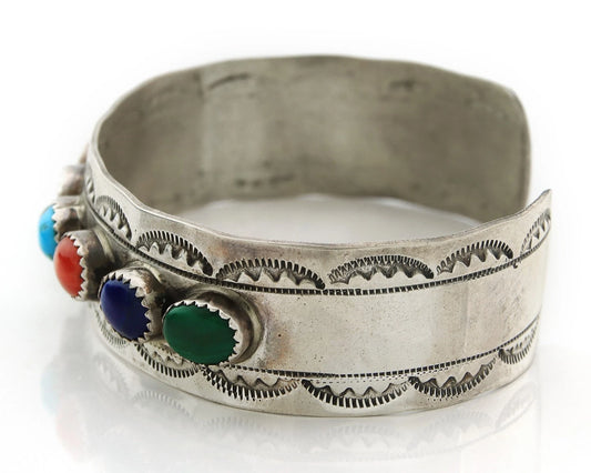 Navajo Cuff Bracelet Sterling Silver Natural Gemstone Vintage Signed LB