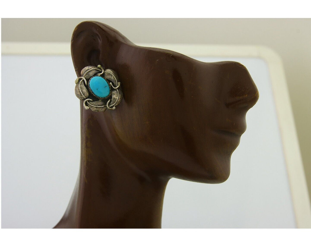 Navajo Earrings 925 Silver Natural Turquoise Artist Signed JV C.80's