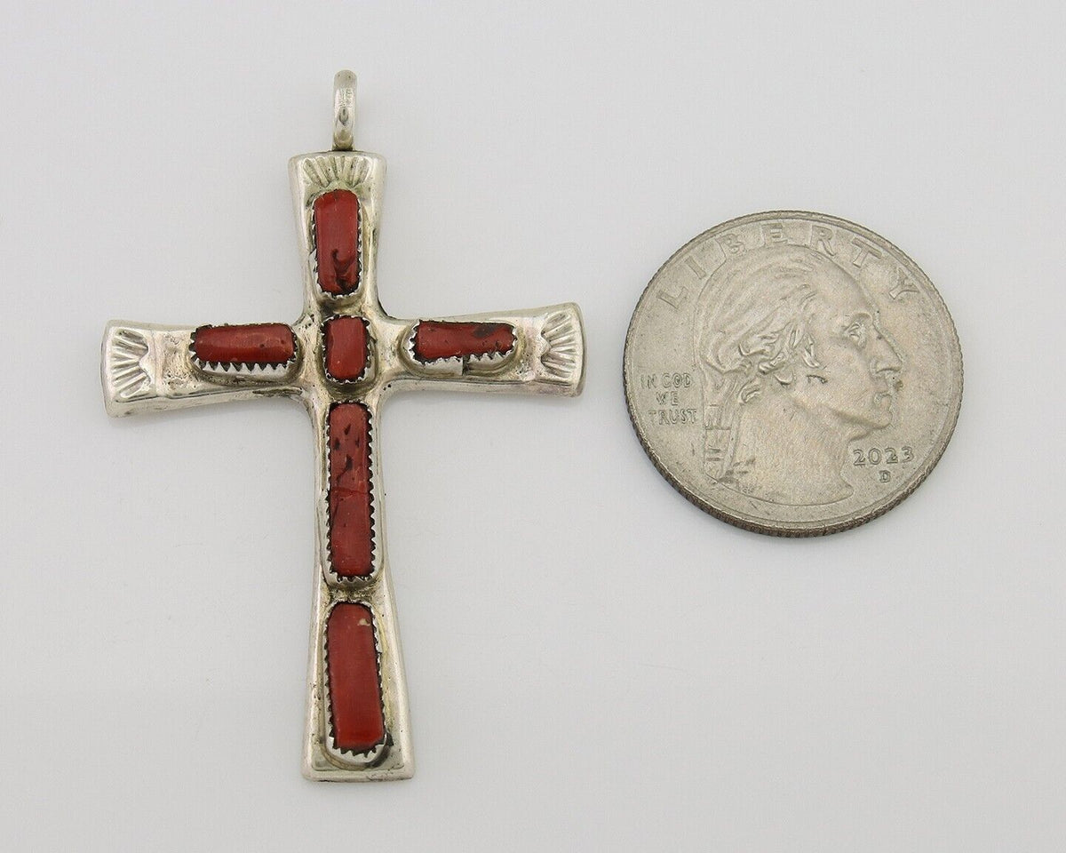 Zuni Cross Pendant 925 Silver Mediterranean Coral Signed J Iule C.80s