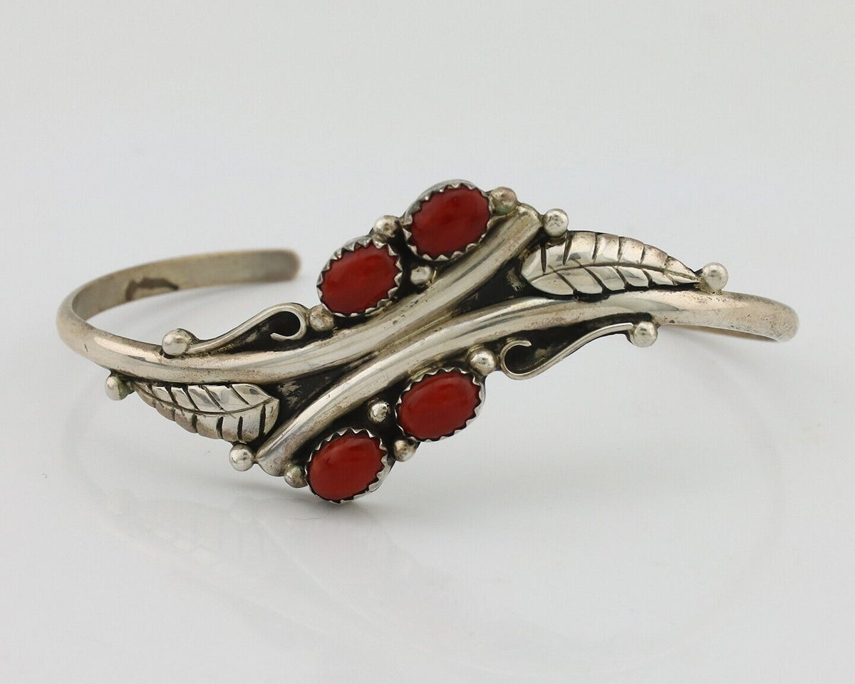 Navajo Bracelet 925 Silver Natural Red Coral Artist Signed MA WYLIE C.80's