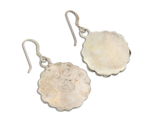 Zuni Concho Earrings 925 Silver Inlaid Natural Turquoise Artist Signed DR C.80's