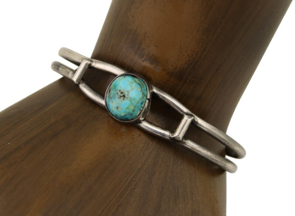Navajo Hand Stamped Cuff Bracelet Turquoise 925 Silver Native American Artist