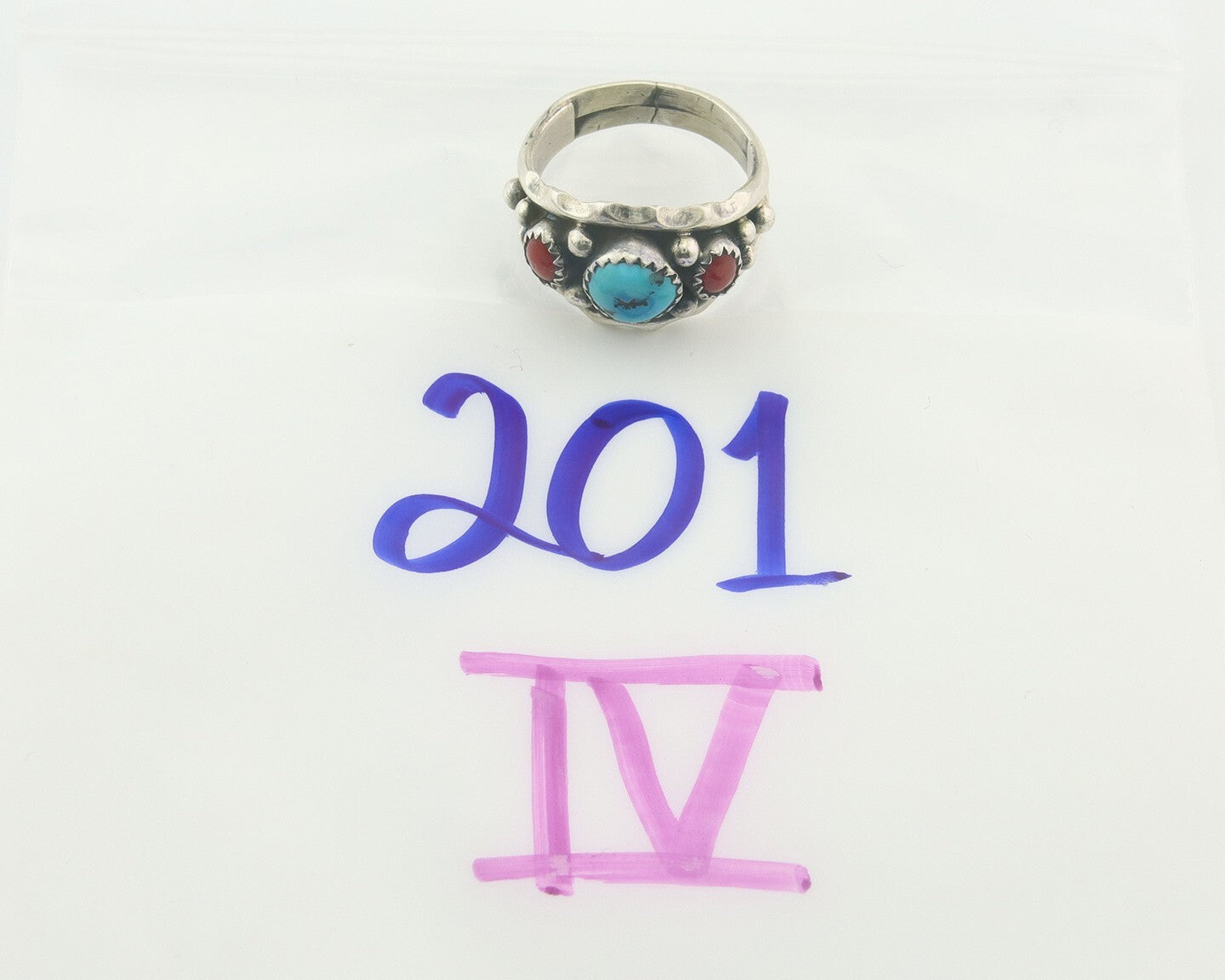 Navajo Ring 925 Sterling Natural Coral & Turquoise Signed SC C.80's Size 8.25