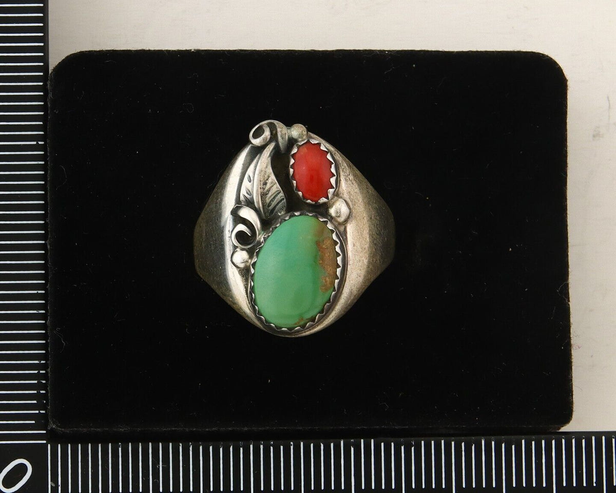 Navajo Ring 925 Sterling Turquoise & Coral Native Artist C.80's Size 8.5