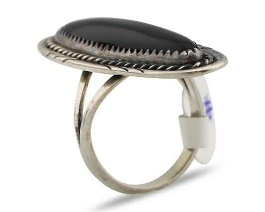 Navajo Ring 925 Silver Onyx Hand Stamped Native American Artist C.80's