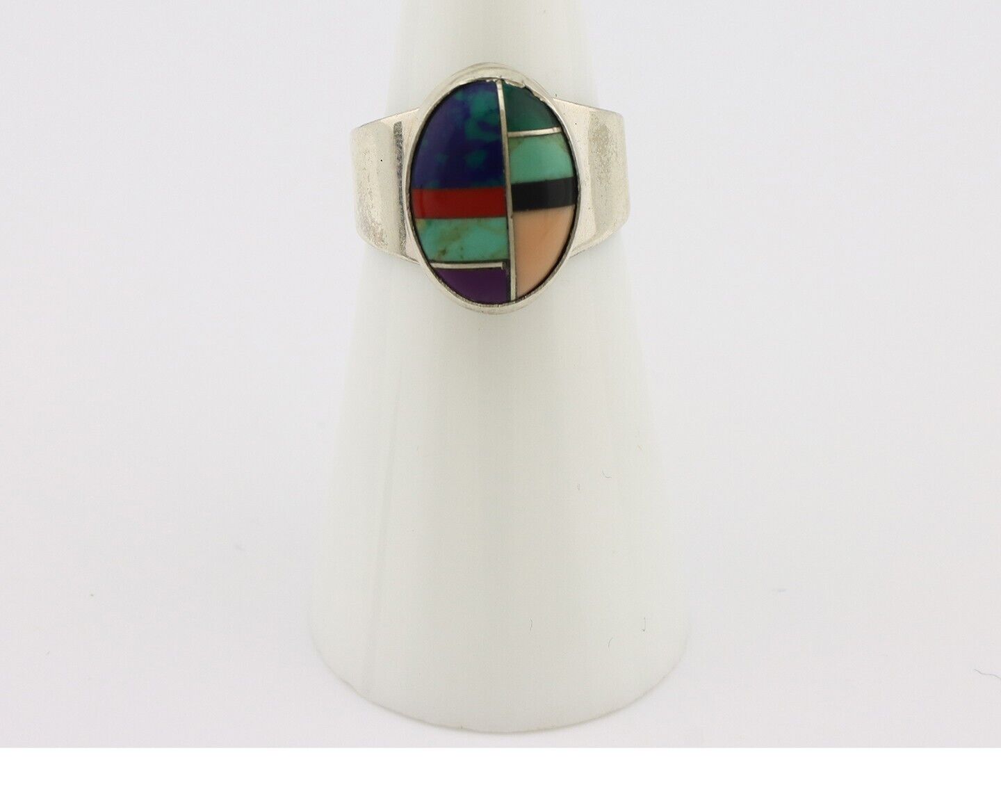 Zuni Inlaid Ring 925 Silver Mixed Natural Gemstones Native American Artist C.80s