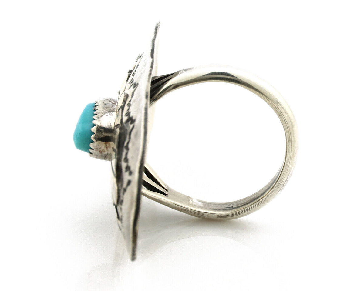 Navajo Shield Ring .925 Silver Blue Turquoise Hand Stamped Native Artist C.80's