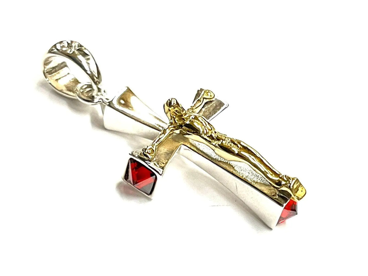 Solid .925 Sterling Silver Cross Red Zircon Crucifix Pendant & Necklace