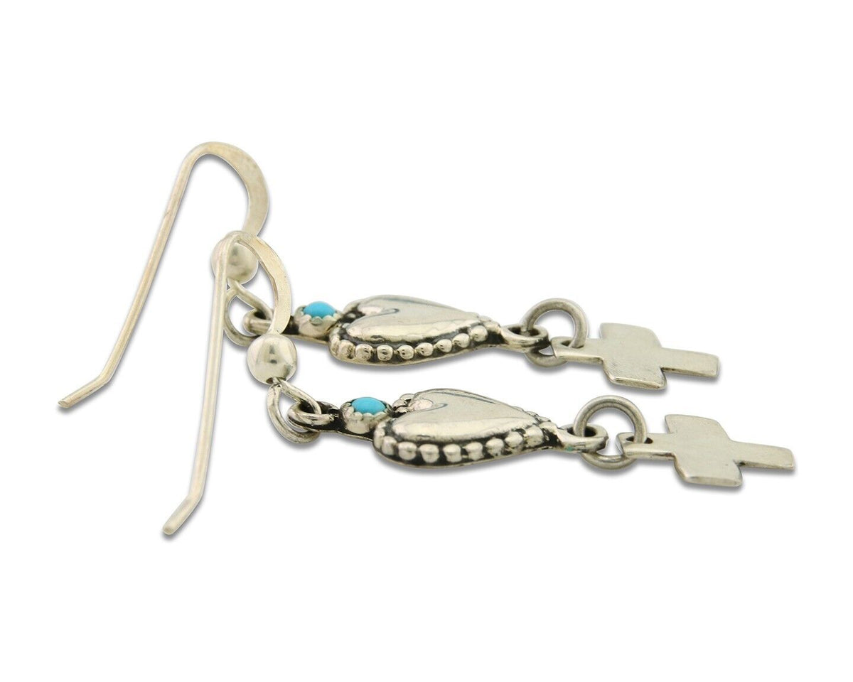 Navajo Earrings 925 Silver Heart Cross Natural Turquoise Native Artist C.80's