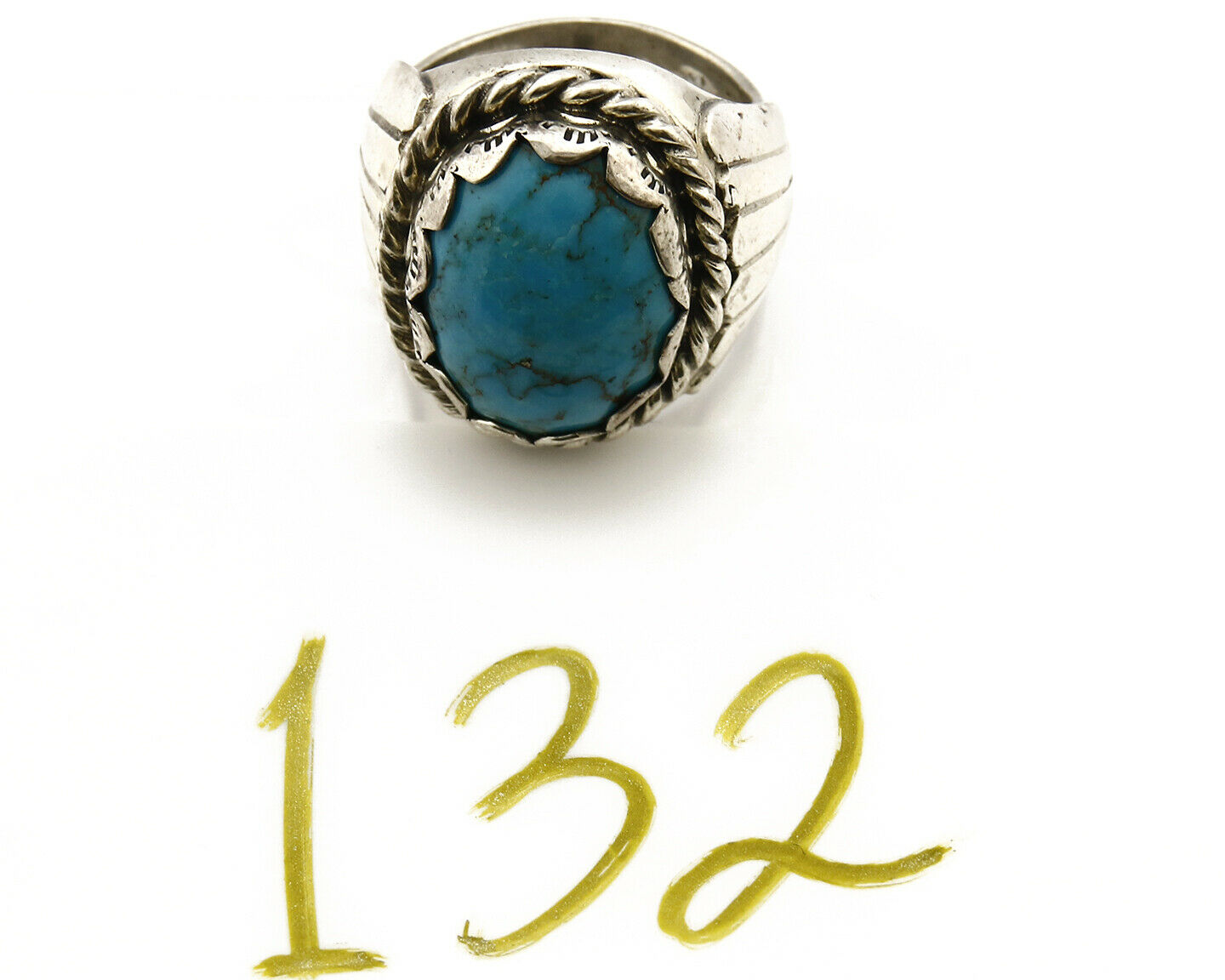 Navajo Ring .925 SOLID Silver Kingman Turquoise Signed Artist TeePee C.80's