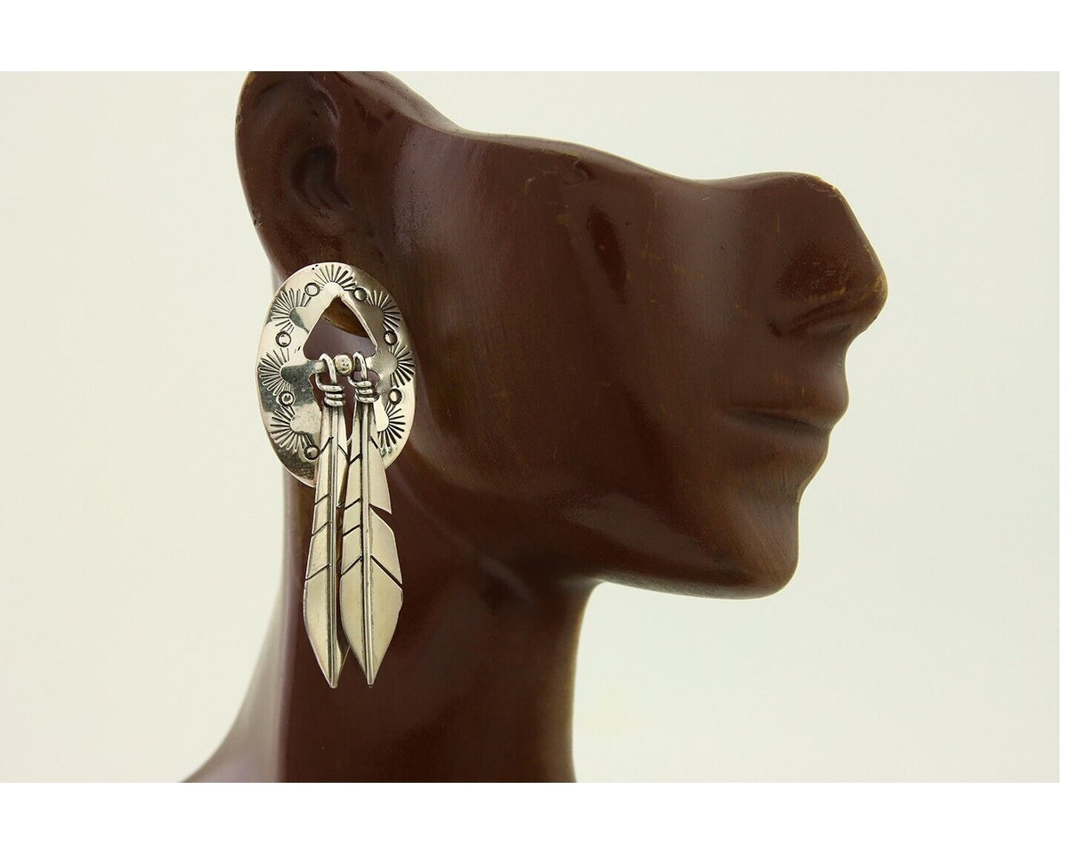 Navajo Feather Earrings 925 Silver Dangle Artist Signed DISHTA C.80's