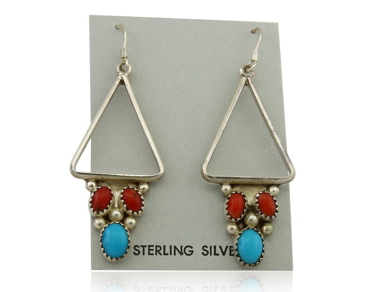 Navajo Earrings 925 Silver Turquoise & Coral Native American Artist C.80's