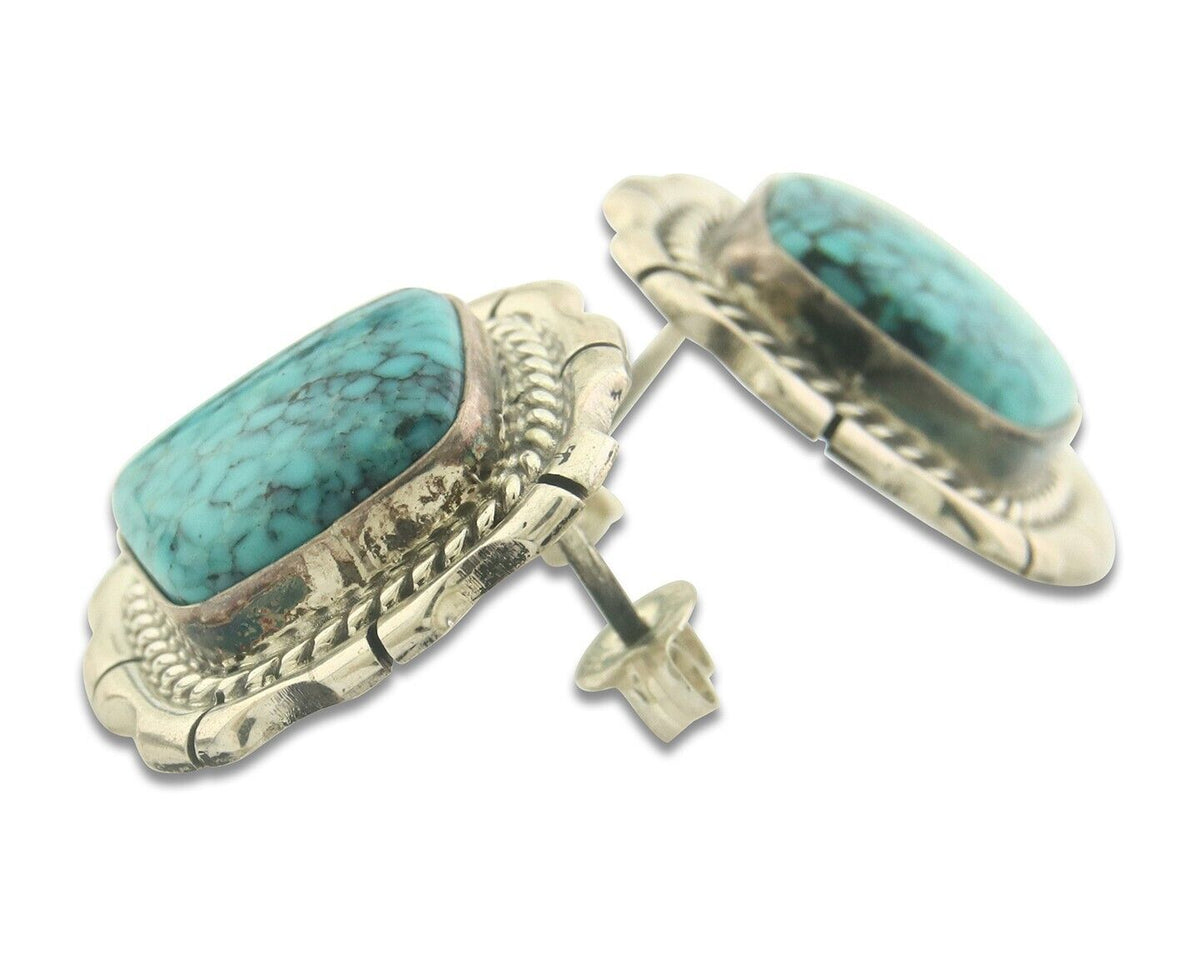 Navajo Earrings 925 Silver Natural Turquoise Artist Signed C Wylie C.80's