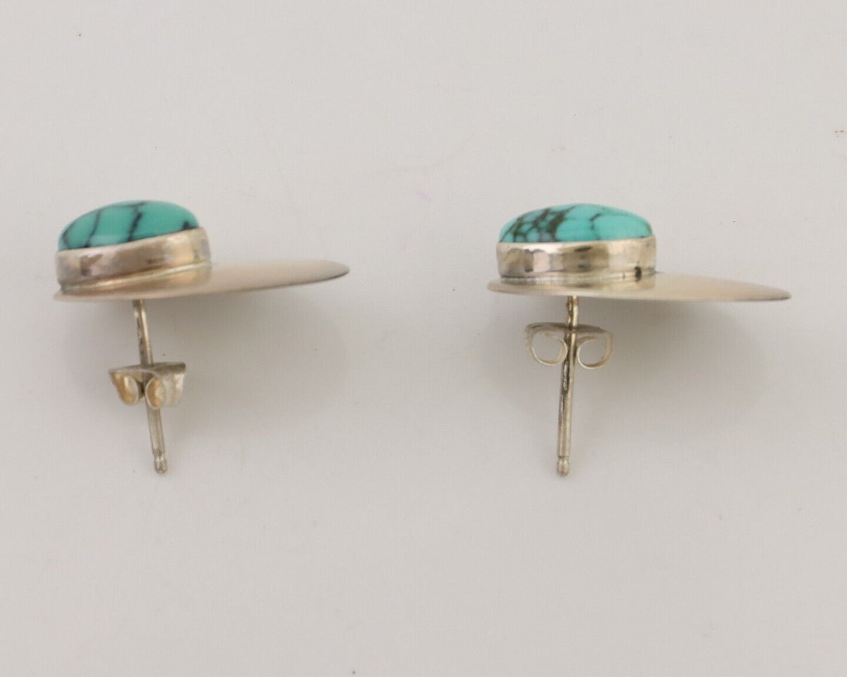 Navajo Shield Earrings 925 Silver Natural Malachite Signed Ella Peters C.80's
