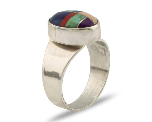 Zuni Inlaid Ring 925 Silver Mixed Natural Gemstones Native American Artist C.80s