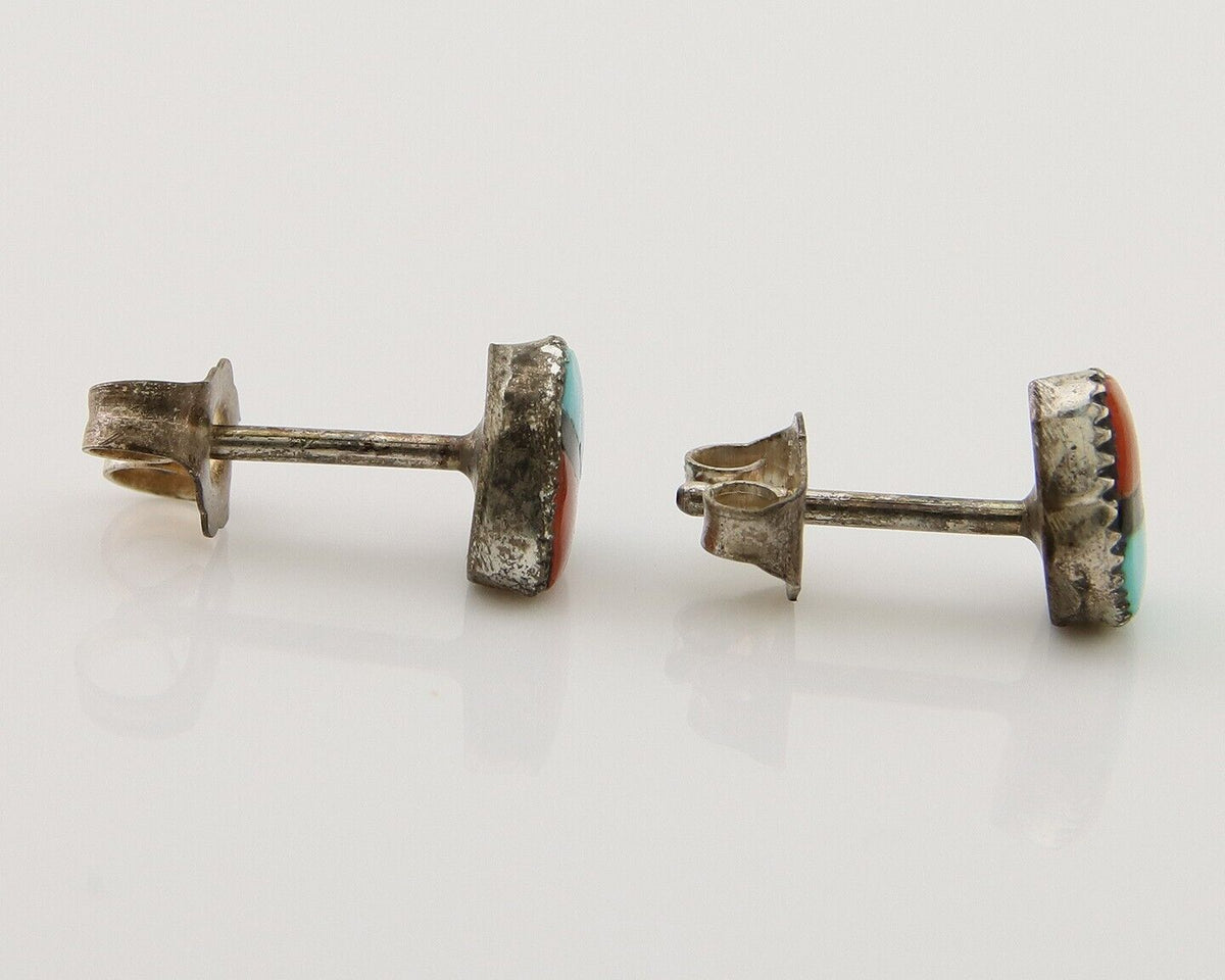 Navajo Earrings 925 Silver Inlaid Natural Onyx & Coral Native Artist C.80's
