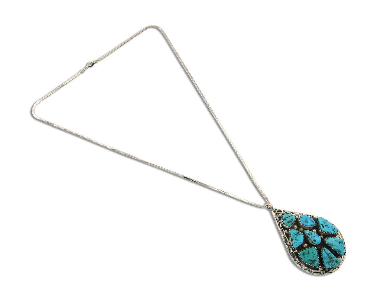 Navajo Necklace 925 Silver Natural Turquoise Artist Signed JW Tom C.80's