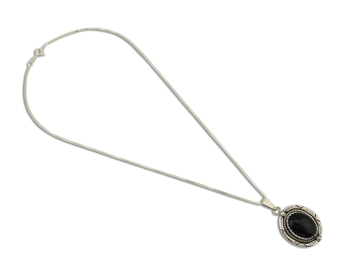 Navajo Necklace 925 Silver Onyx Native Artist Signed Nancy Edtissy C.80's