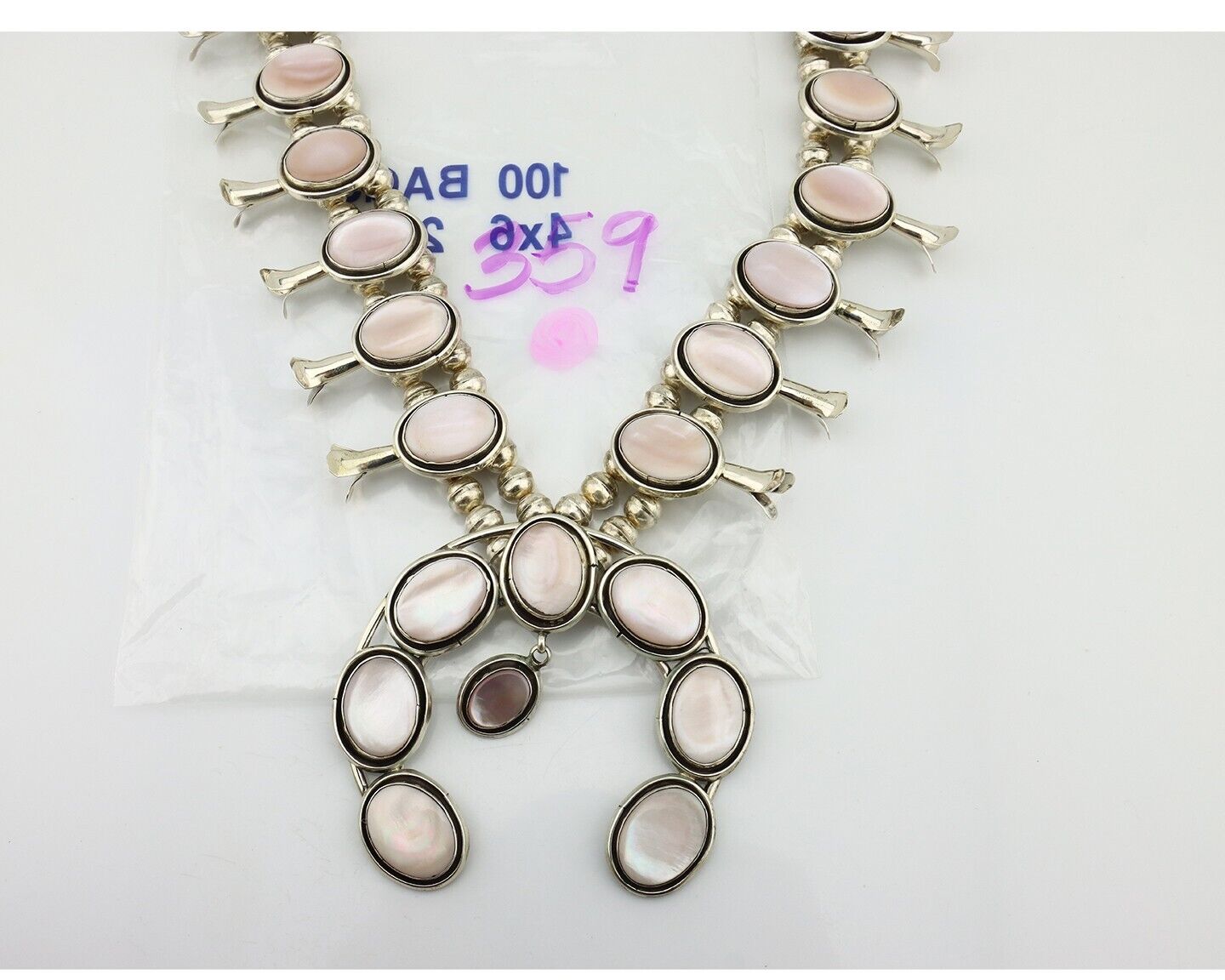 Navajo Squash Necklace 925 Silver Natural Pink Mussel Native American Artist C80