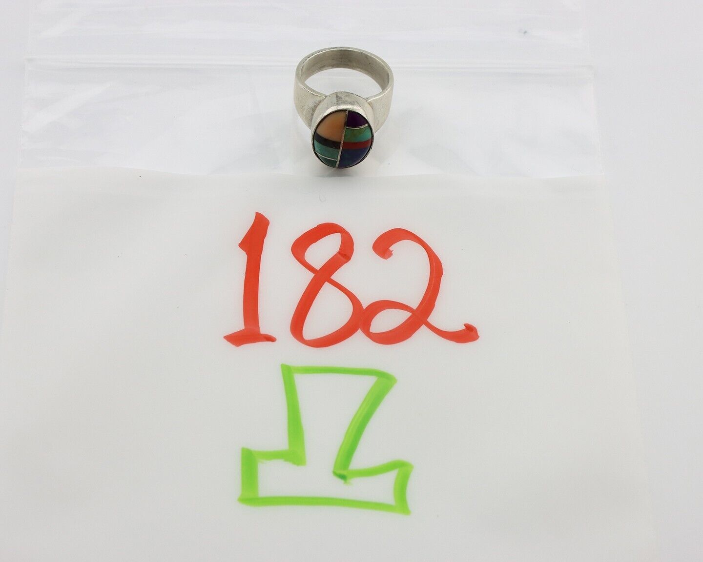 Zuni Inlaid Ring 925 Silver Mixed Natural Gemstones Native American Artist C.80s