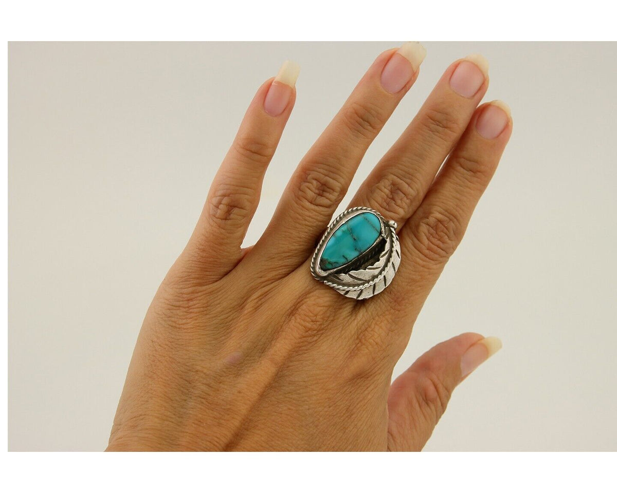 Navajo Ring 925 Sterling Silver Blue Turquoise Native American Artist C.80's
